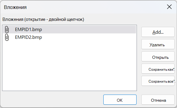 Диалоговое окно "Вложения" в Access с двумя BMP-файлами.