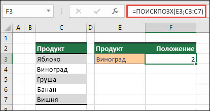 Пример использования функции ПОИСКПОЗX для поиска позиции элемента в списке