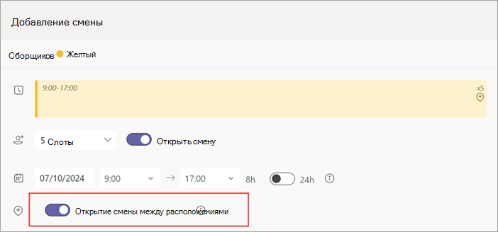 Снимок экрана: переключатель Открыть смену между расположениями для открытой смены.