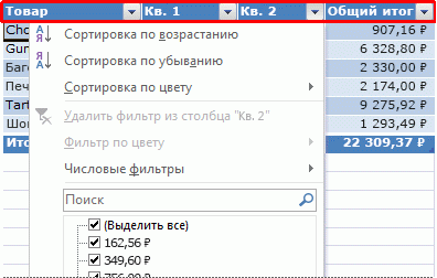 Сортировка по выпадающему списку в excel