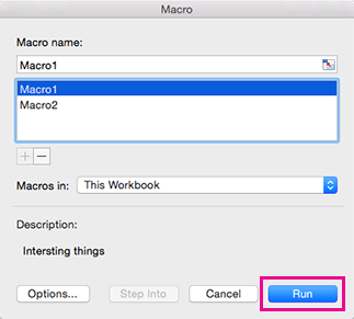 Диалоговое окно "Макросы" в Excel для Mac
