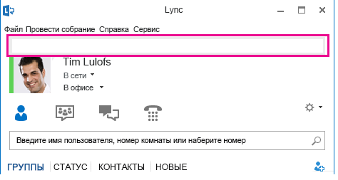Снимок экрана: верхняя часть главного окна Lync с выделенным полем личной заметки