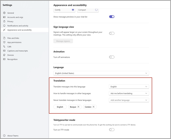 Перейдите в раздел Внешний вид и специальные возможности в параметрах Teams, чтобы настроить параметры перевода.