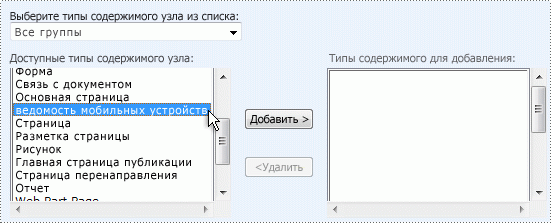Пользовательский интерфейс SharePoint для добавления типов содержимого