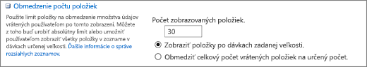 Nastavenie počtu zobrazených položiek na stránke Nastavenie zobrazenia