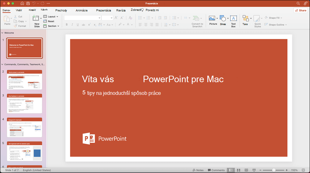 Okno PowerPointu 2021 pre Mac s otvorenou šablónou Absolvovať prehliadku