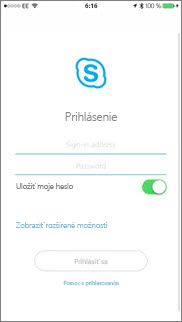 Prihlasovacia obrazovka v Skype for Business v systéme iOS
