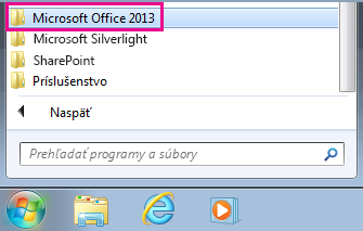 Skupina Office 2013 v časti Všetky programy vo Windowse 7