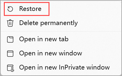 Ak chcete obnoviť stratené alebo odstránené obľúbené položky, vyberte položku Obnoviť v ponuke Obľúbené položky v Microsoft Edgei.