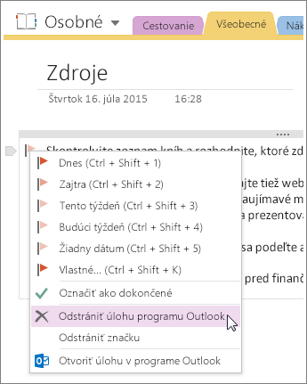 Snímka obrazovky s postupom odstránenia úlohy Outlooku vo OneNote 2016.