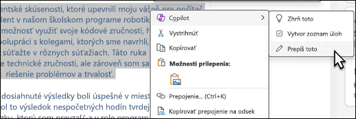 Vybratý text vo OneNote. Zobrazí sa kontextová ponuka s vybratou položkou Copilot a vybratou položkou Prepísať túto položku v podponuke.