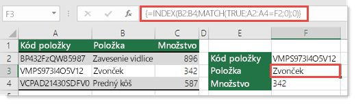 Použitie funkcií INDEX a MATCH na vyhľadanie hodnôt väčších ako 255 znakov