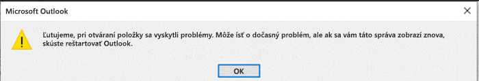 Snímka obrazovky s chybou v Outlooku