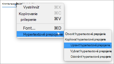 Zobrazuje možnosť Upraviť hypertextové prepojenie v ponuke Hypertextové prepojenie