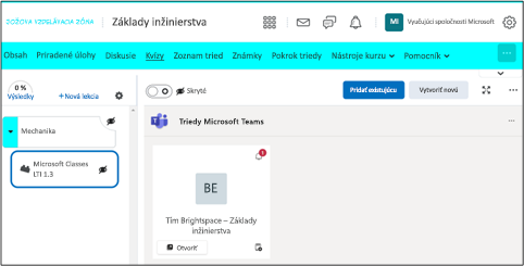 Snímka obrazovky kurzu D2L Brightspace so zvýraznenou funkciou Microsoft Classes.