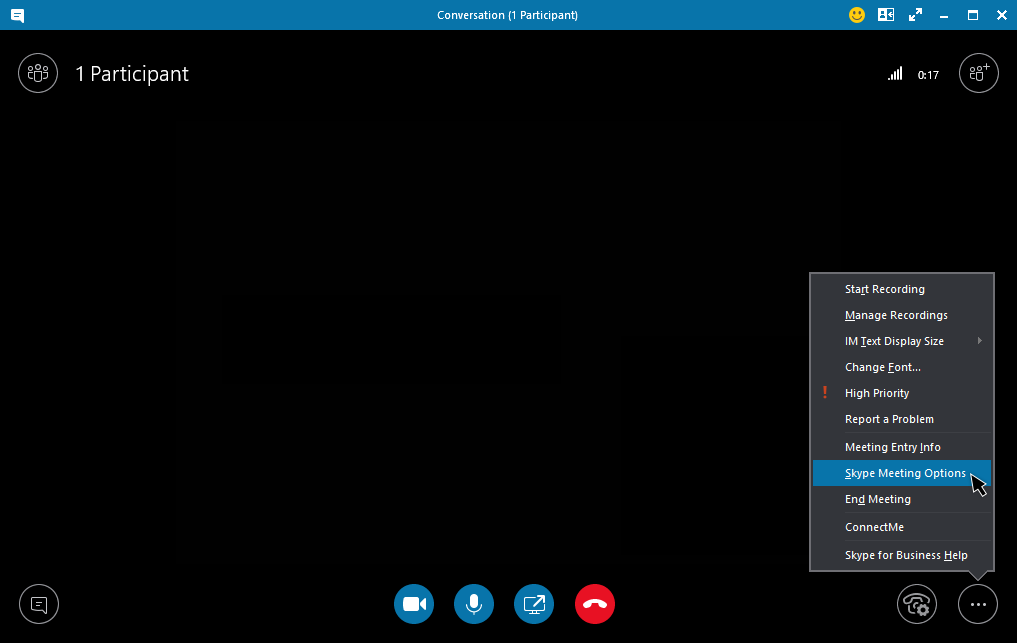 Ponuka možností schôdze cez Skype for Business