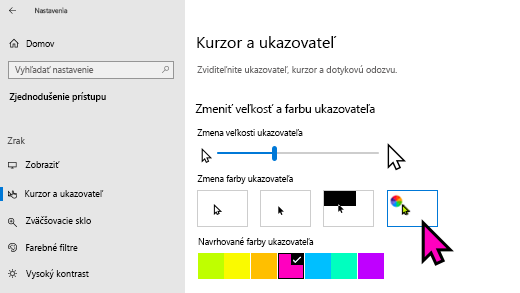 Zmena veľkosti a farby ukazovateľa v Windows 10 Nastavenia aplikácii