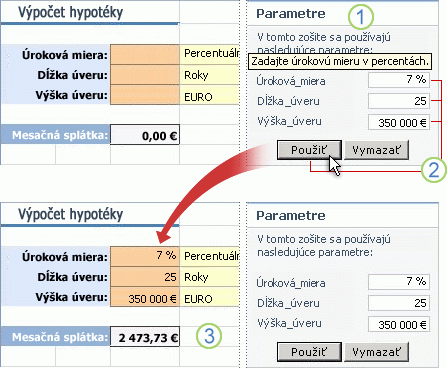 Používanie tably Parametre