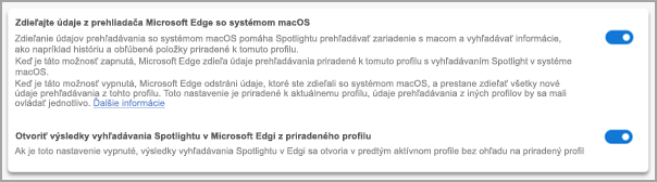 Nastavenia vyhľadávania Spotlight v Microsoft Edgei.