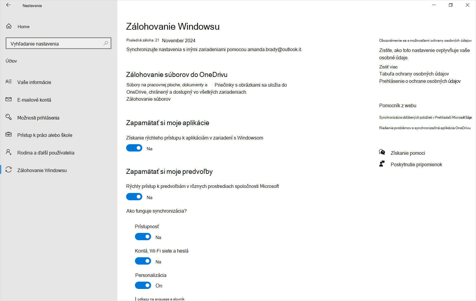 Snímka obrazovky nastavenia zálohovania Windowsu v Windows 10.