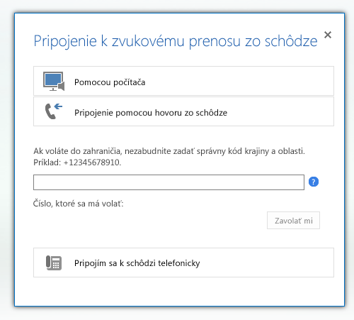 snímka obrazovky dialógového okna Pripojiť sa k zvukovému prenosu zo schôdze s vybratou možnosťou Pripojenie pomocou hovoru zo schôdze