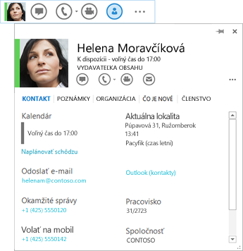 Snímka obrazovky so zoznamom kontaktov s vybratou ikonou karty kontaktu a zobrazenou príslušnou kartou kontaktu