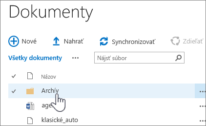 Knižnica dokumentov SharePointu 2016 so zvýraznenou položkou Priečinok