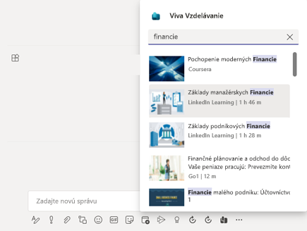 Snímka obrazovky s aplikáciou Teams so zvýraznením spôsobu vyhľadávania obsahu po výbere tlačidla Viva Topics zdieľať.