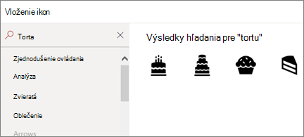 Stránka vloženia ikon s výrazom „Cake“ vo vyhľadávacom poli a so zobrazenými 4 rôznymi ikonami koláča