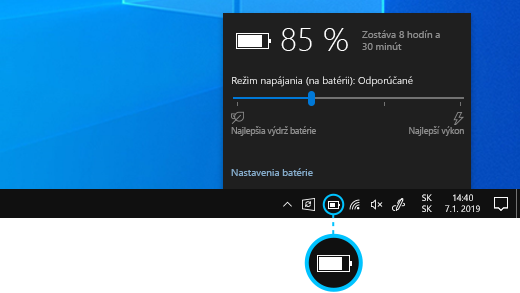 Zobrazenie stavu batérie na paneli úloh vo Windowse 10.
