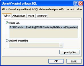 Dialógové okno Upraviť vlastné príkazy SQL s SQL príkazom