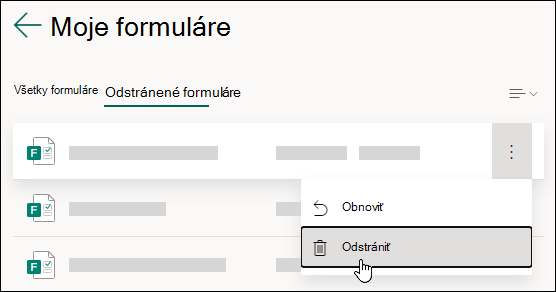 Odstránenie formulára na karte Odstránené formuláre v Microsoft Forms.