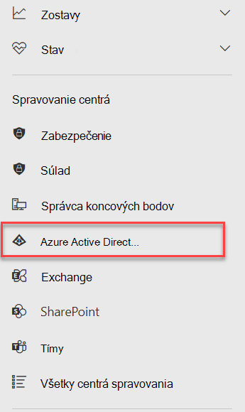 Ponuka centra spravovania v službe Microsoft 365 so zvýrazneným Centrom spravovania služby Azure Active Directory.
