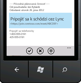 Snímka obrazovky zobrazujúca položku Pripojiť sa k schôdzi cez Lync v mobilnom zariadení