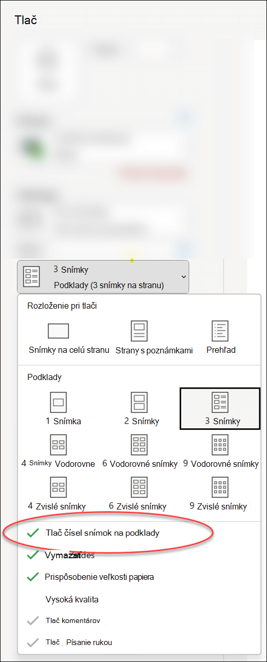 Dialógové okno Tlačiť v PowerPointe zobrazujúce možnosť tlače čísel snímok na podklady.
