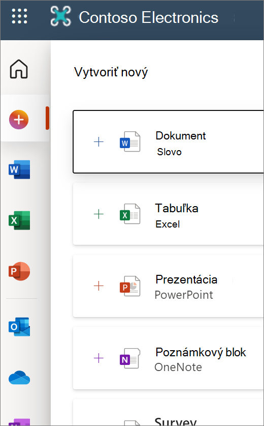 Nové: Na úvodnej obrazovke služby Office.com sa zobrazujú ikony na otvorenie nového dokumentu alebo Wordu, Excelu atď.