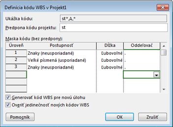 Obrázok dialógového okna Definícia kódu WBS
