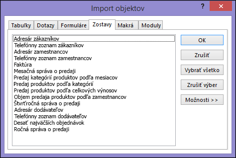 Dialógové okno Import objektov v accessovej databáze