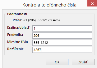 V Outlooku na karte kontaktu v časti Telefónne čísla vyberte niektorú možnosť a podľa potreby aktualizujte dialógové okno Kontrola telefónneho čísla.