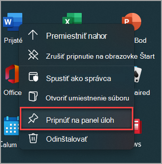 Pripnutie položky z ponuky Štart na panel úloh Windowsu 11.