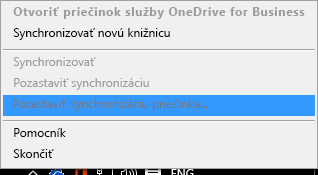 Snímka obrazovky s príkazom Zastaviť synchronizáciu priečinka po kliknutí pravým tlačidlom myši na klienta synchronizácie pre OneDrive for Business