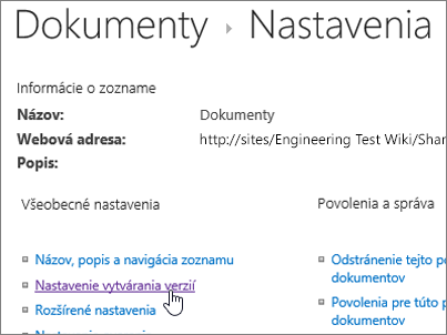 Dialógové okno nastavení knižnice s vybratou položkou Riadenie verzií.