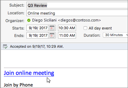 Snímka obrazovky s dialógovou oknom schôdze zobrazujúca prepojenie Pripojiť sa k online schôdzi.
