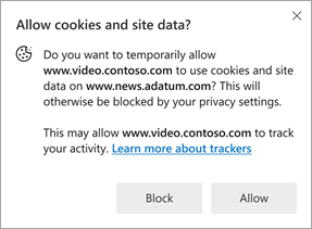 Snímka obrazovky s výzvou, ktorá sa zobrazí, keď lokalita požiada o povolenie používať súbory cookie a údaje lokality na inej lokalite.
