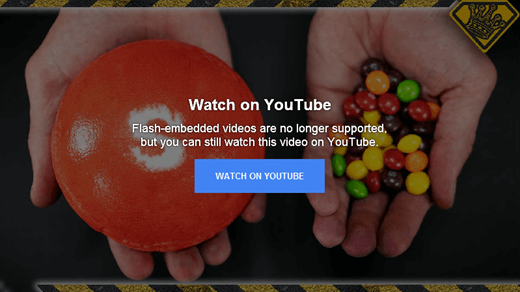 Toto chybové hlásenie z lokality YouTube vysvetľuje, že už nepodporuje vložené Flash videá