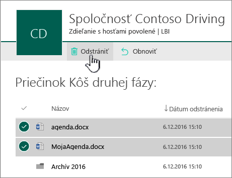 Kôš druhej úrovne v SharePointe Online so zvýrazneným tlačidlom Odstrániť