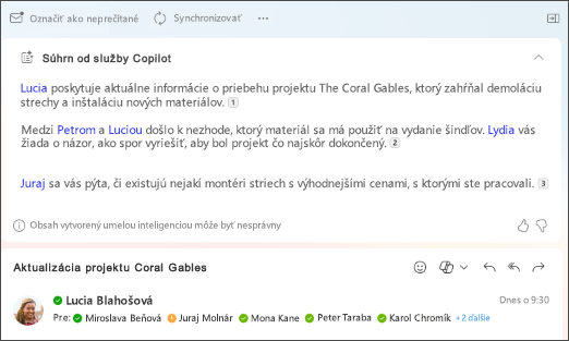 Súhrn postupnosti e-mailov s citáciami vytvorenými funkciou Copilot