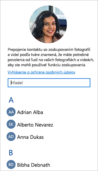 Snímka obrazovky so zoznamom, ktorý môžete použiť na prepojenie kontaktov so zoskupeniami tvárí.