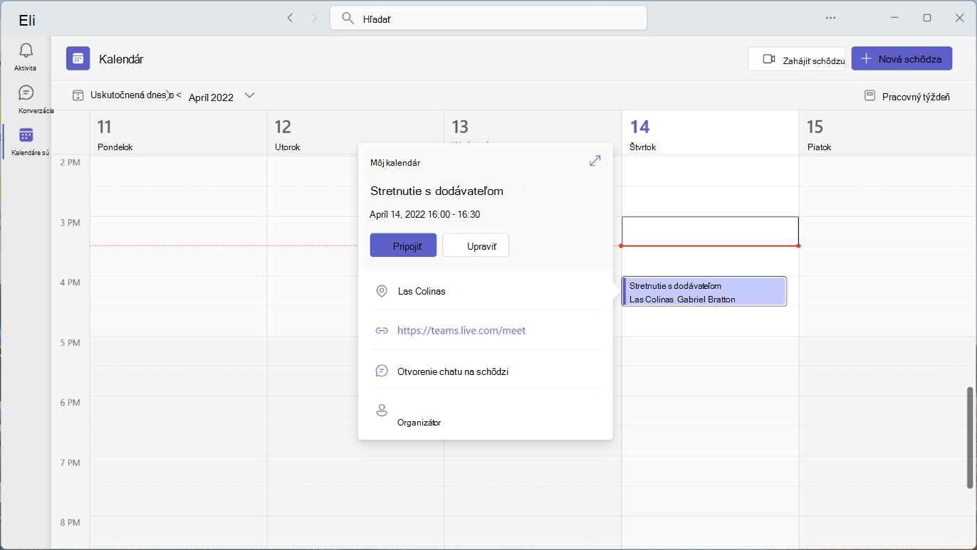Kalendár Outlooku zobrazujúci okno schôdze kalendára.