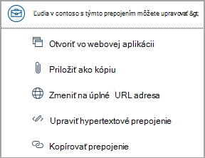 Výberom prepojení na súbor OneDrivu získate prístup k možnosti, ako je napríklad otvorenie webovej aplikácie, priloženie ako kópia, zmena na úplnú URL adresu, úprava hypertextového prepojenia a skopírovanie URL adresy.